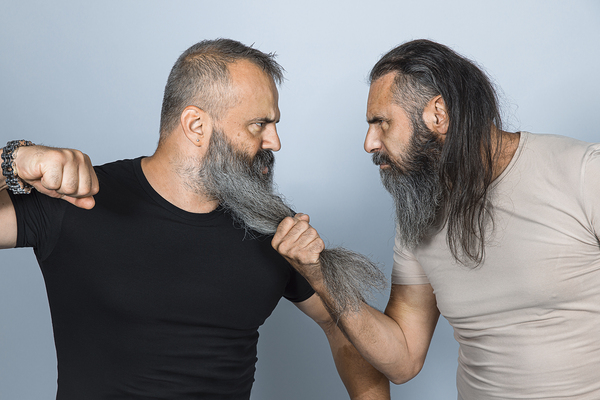 men with long beard in aggressive attitude.  Print