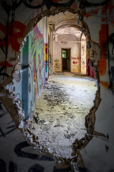 Interior of an abandoned and vandalised building Print