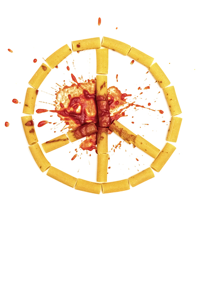 peace symbol made of pasta and tomato stain  by Gualtiero Boffi
