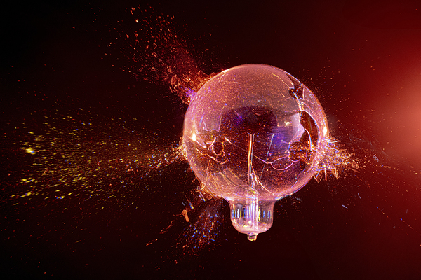 explosion of a glass bulb on a black background.  Print