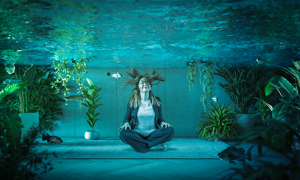 woman relaxes underwater in a flooded room  Print
