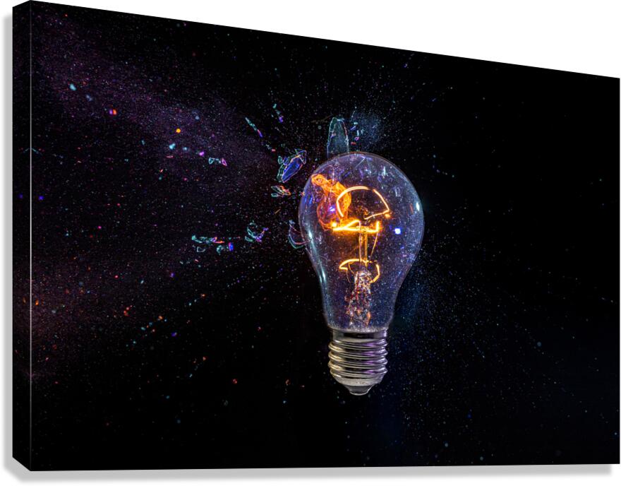 old bulb breaking into fragments on black  Canvas Print