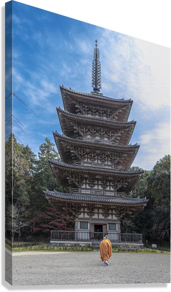 Five-storey pagoda of Daigo-ji Temple and monks  Canvas Print