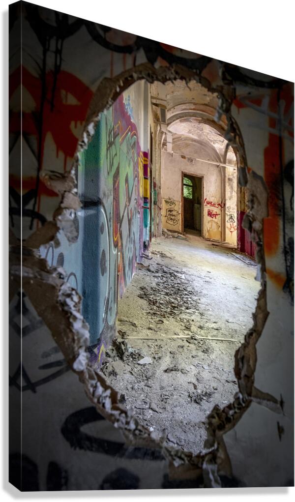 Interior of an abandoned and vandalised building Canvas Print