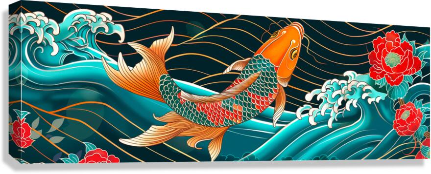 Traditional asian koi fish in waves illustration Canvas Print