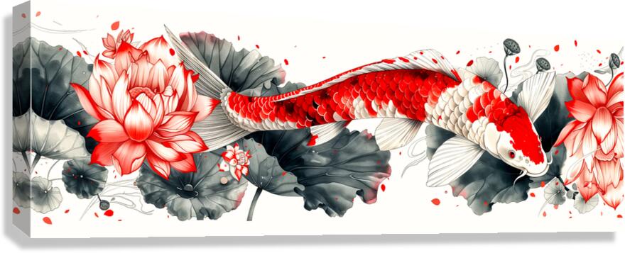 Elegant koi fish with lotus flowers panoramic art Canvas Print
