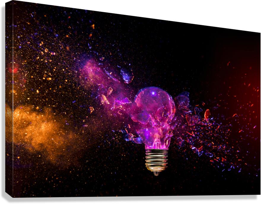 Exploding light bulb concept on dark background Canvas Print