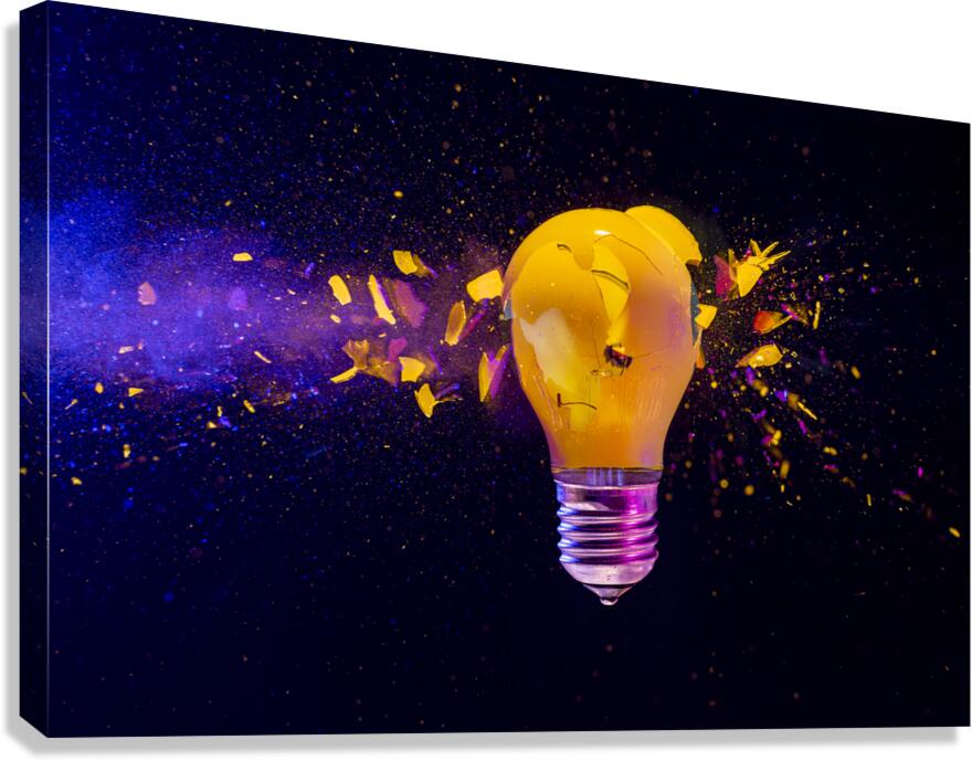 Yellow light bulb exploding black background  Canvas Print