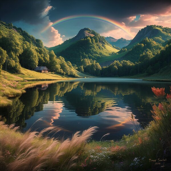 the scene is a serene lake Print