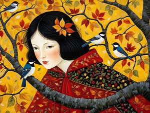 japan woman japanese asia autumn birds