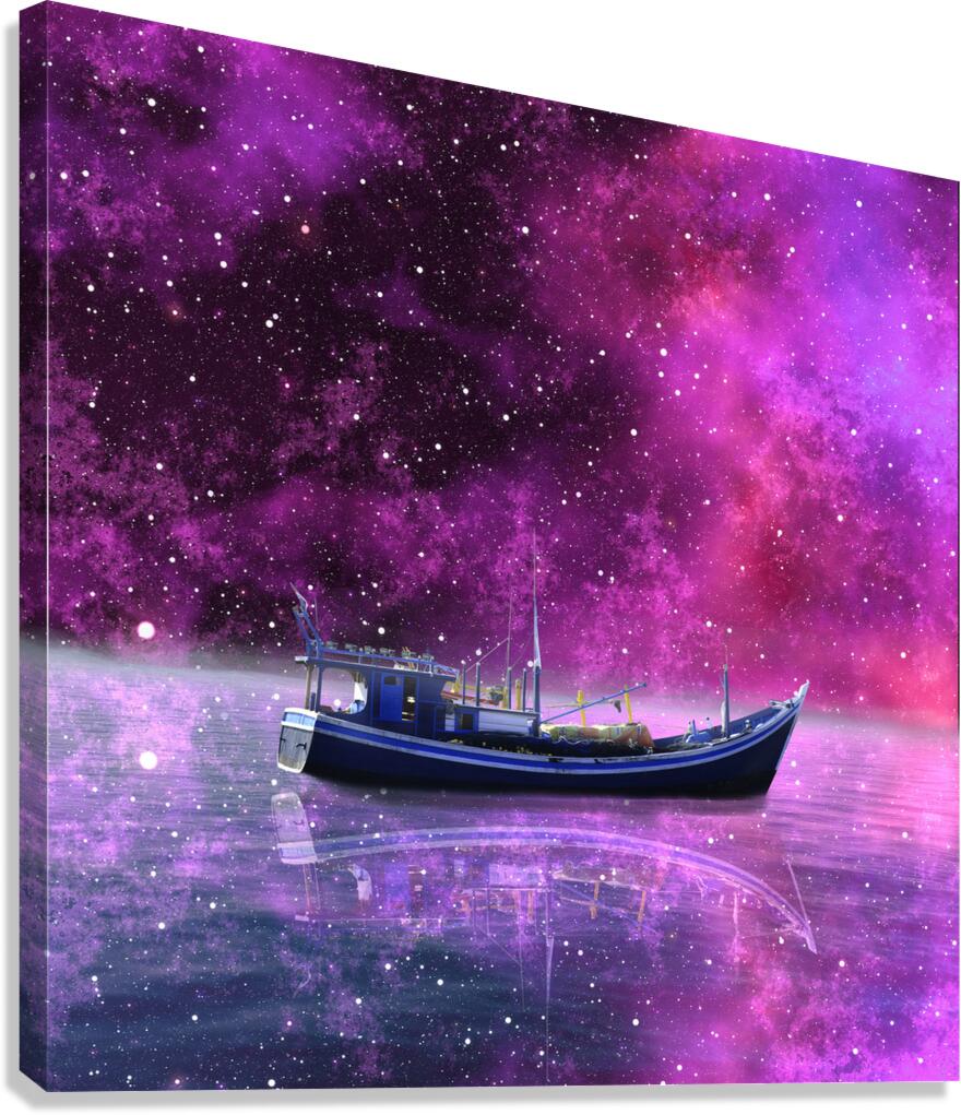 boat fisherman ship sea ocean milky way night nat Canvas Print