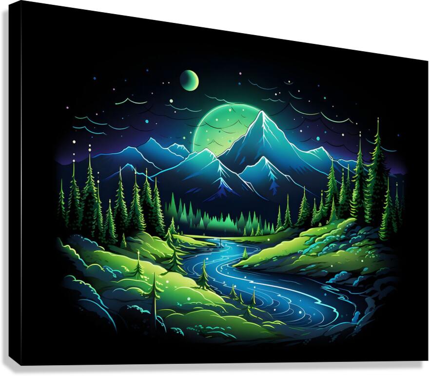 nature neon green blue mountains river trees dark Canvas Print