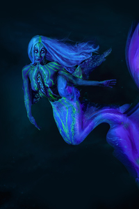 Female sea creature with four eyes and a mermaid tail bioluminescent in the dark sea depths