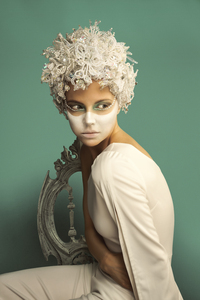 Portrait of a young woman with a white face dotted with pearls wearing a headdress of white beads sitting on a baroque style chair	