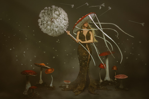 Fairy wind and fog scene where a young woman with white blonde hair wearing a peat moss dress and a mushroom hat holds a blooming dandelion and is surrounded by mushrooms