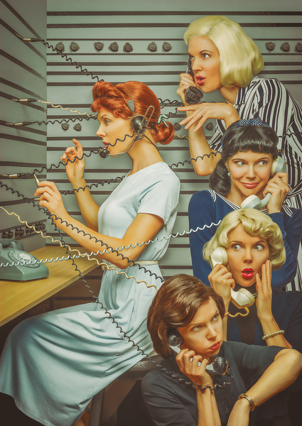 Vintage scene of four women from the 1950s gossiping on the phone their handset connected to a switchboard station by a telephone operator Print