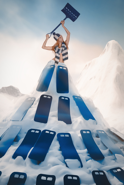 blonde woman on top of a snow mountain covered with crazy carpets holding a shovel in front of an arctic landscape by Artmood Visualz