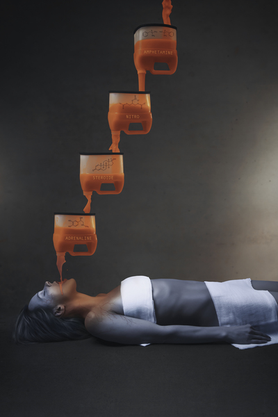 Blue skinned young womans body being warmed up by orange and liquid chemical elements pouring down in her mouth bringing her back to life in front of a grey background by Artmood Visualz