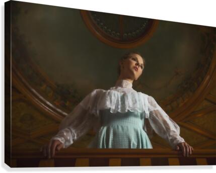 Young girl standing under a classical artwork of the cathedral ceiling Canvas Print