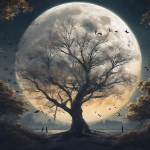 picture in which the moon is with a tree 