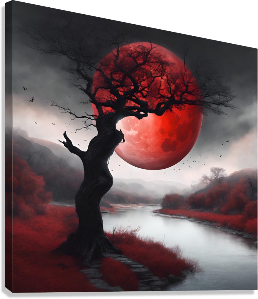 A red moon with a black tree by MEDAZ Wall Art