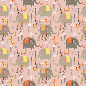 Cute elephant wild flower field seamless pattern.