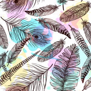 Hand drawn feathers seamless pattern
