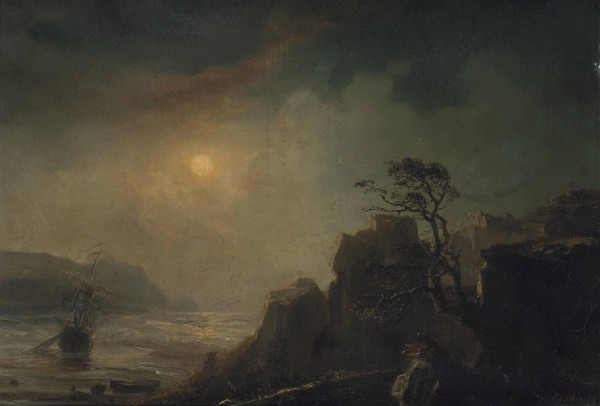 A fishing vessel in a moonlit bay Print