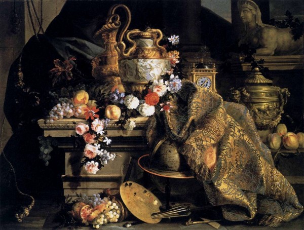 Still life of flowers and fruits Print