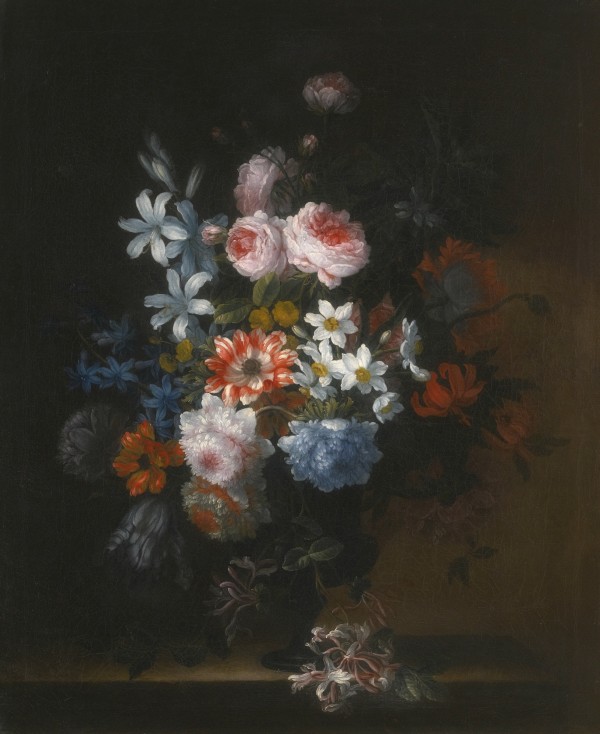 Still life of roses, honeysuckle, lillies, chrysanthemums, narcissi and other flowers in a vase Print