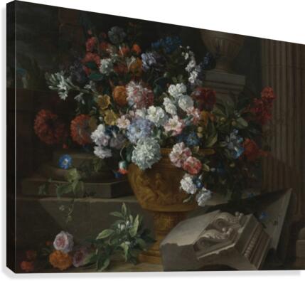 Still life with flowers in a sculpted urn with architectural fragments on a terrace Canvas Print