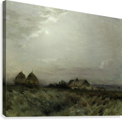 Landscape with a house and two haystacks Canvas Print