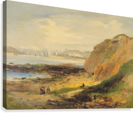 Landscape with boats near a distant city Canvas Print