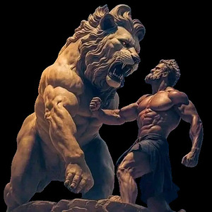 A hero fights a lion