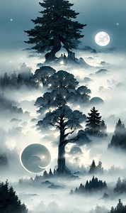 Beneath the Giant Moon: Enchanting Clouds and Trees