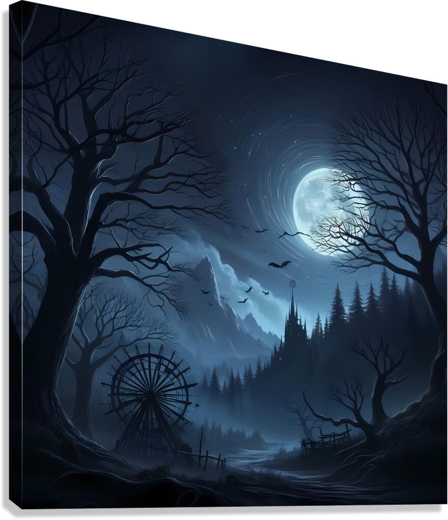 Mystical Moonlight: Veiled in Fog Embraced by Mountains Canvas Print