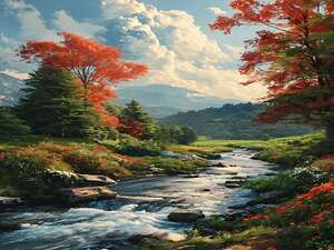 A serene painting depicting a mountain stream surrounded by vibrant red trees capturing the beauty of nature.