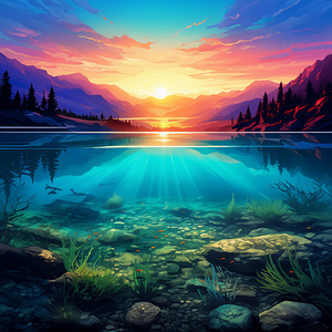 A serene landscape featuring rolling hills under a clear blue sky with a tranquil river flowing through the lush greenery.