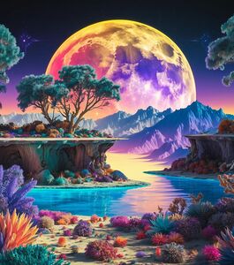 This image shows a fantasy landscape with a large moon in orange and yellow gradient.