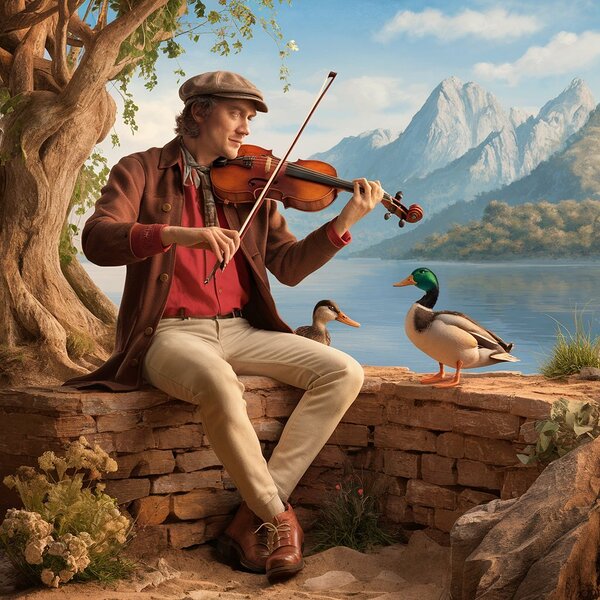 a serene and picturesque scene of a musician play Print