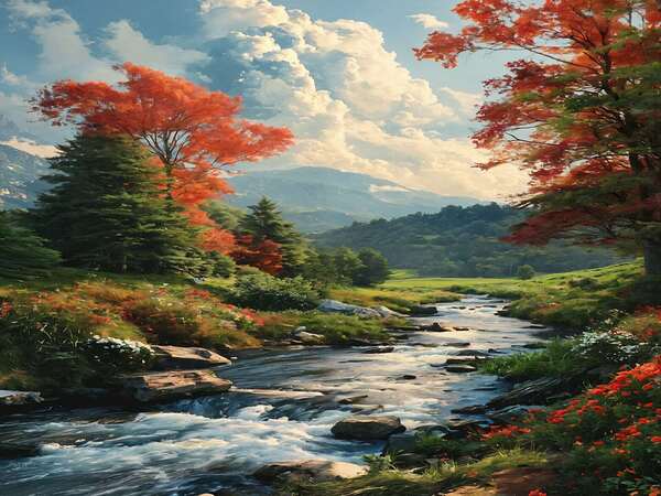 A serene painting depicting a mountain stream surrounded by vibrant red trees capturing the beauty of nature. Print