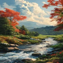 A serene painting depicting a mountain stream surrounded by vibrant red trees capturing the beauty of nature.