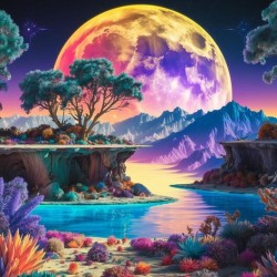 This image shows a fantasy landscape with a large moon in orange and yellow gradient.