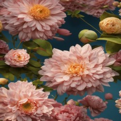 A collection of pink flowers positioned on a soft blue backdrop emphasizing the vivid colors and natural charm.