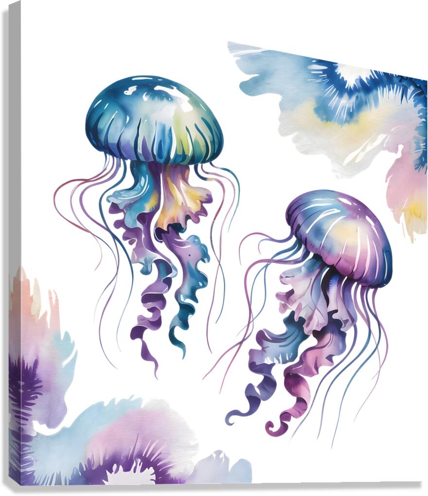 Vibrant Watercolor Jellyfish on White Background – Ocean-Inspired Digital Art Print Canvas Print
