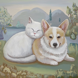 « Whispers of a Moment »* est un chef-d’ouvre a l’acrylique qui capture le lien calme et tendre entre un chat British Shorthair blanc et un Corgi blanc