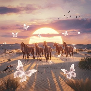 A Cinematic Desert Dream: Wild Horses Glowing Butterflies and Golden Sunlight 