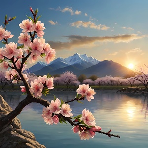 Default  In the distance there is a mountain  the sun is about to set  the mountain is reflected on the water  nearby is a peach tree 