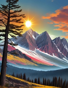 Default Mountain tree sun with colourful backgrou