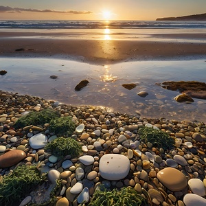 Default The mural is a stunning representation of a beach at low tide  with the sun casting a warm golden glow over the scene